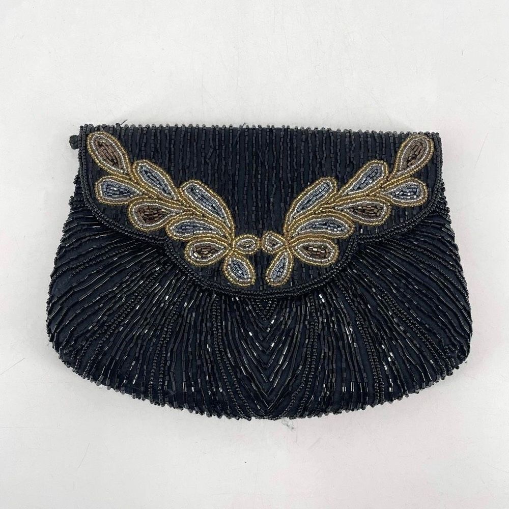 Vintage‎ Beaded Snap Flap Corded Strap Clutch Shoulder Bag Black Small Flapper